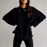Women Autumn and Winter Loose Knitting Long Sleeve Slit Round Neck Sweater
