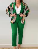 Women Printed Casual Blazer and Pant Two-Piece Set with Belt