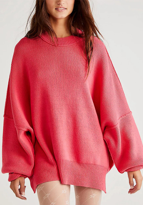 Women Autumn and Winter Loose Knitting Long Sleeve Slit Round Neck Sweater