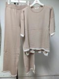 Women summer knitting short-sleeved Topand wide-leg pants two-piece set