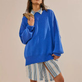 Women Autumn and Winter Loose Knitting Long Sleeve Slit Round Neck Sweater