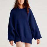 Women Autumn and Winter Loose Knitting Long Sleeve Slit Round Neck Sweater