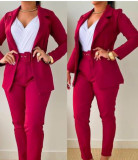 Women Printed Casual Blazer and Pant Two-Piece Set with Belt