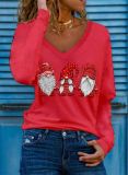 Christmas Women Printed V Neck Long Sleeve Top