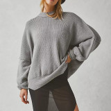 Women Autumn and Winter Loose Knitting Long Sleeve Slit Round Neck Sweater
