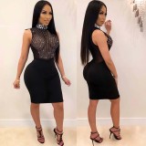 Women Sexy Beaded See-Through Turtleneck Dress