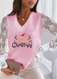 Christmas Women Style Printed Lace Long Sleeve T-Shirt