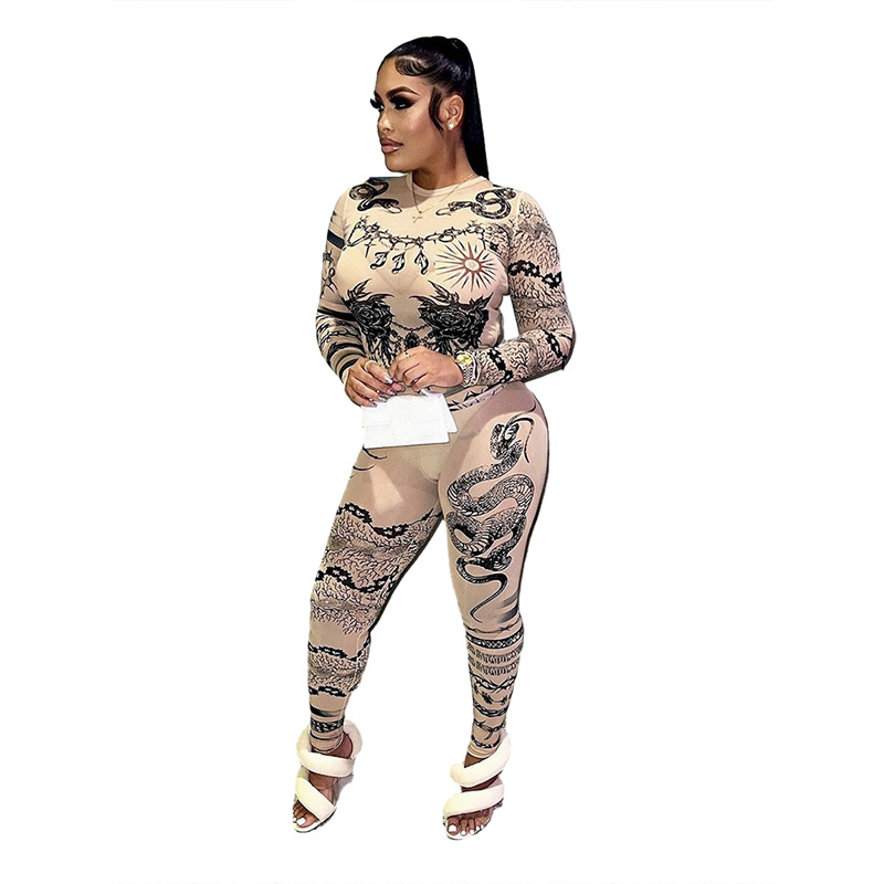 Autumn Women mesh embroidery See-Through Top and trousers two-piece set