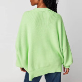 Women Autumn and Winter Loose Knitting Long Sleeve Slit Round Neck Sweater