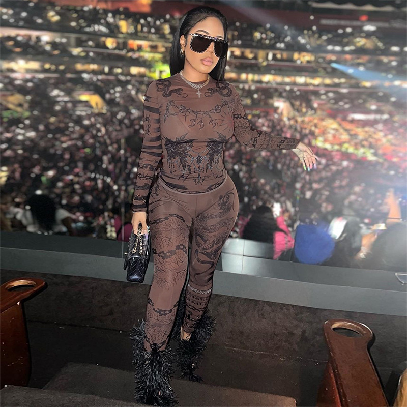 Autumn Women mesh embroidery See-Through Top and trousers two-piece set