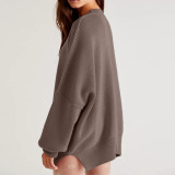 Women Autumn and Winter Loose Knitting Long Sleeve Slit Round Neck Sweater