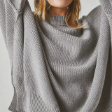Women Autumn and Winter Loose Knitting Long Sleeve Slit Round Neck Sweater