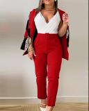 Women Printed Casual Blazer and Pant Two-Piece Set with Belt