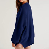 Women Autumn and Winter Loose Knitting Long Sleeve Slit Round Neck Sweater
