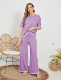 Women summer knitting short-sleeved Topand wide-leg pants two-piece set