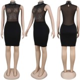 Women Sexy Beaded See-Through Turtleneck Dress