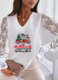 Christmas Women Style Printed Lace Long Sleeve T-Shirt