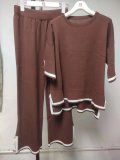 Women summer knitting short-sleeved Topand wide-leg pants two-piece set