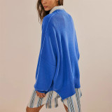 Women Autumn and Winter Loose Knitting Long Sleeve Slit Round Neck Sweater