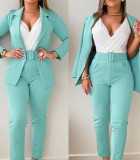 Women Printed Casual Blazer and Pant Two-Piece Set with Belt