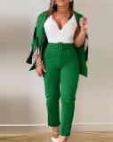 Women Printed Casual Blazer and Pant Two-Piece Set with Belt