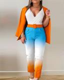 Women Printed Casual Blazer and Pant Two-Piece Set with Belt