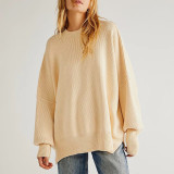 Women Autumn and Winter Loose Knitting Long Sleeve Slit Round Neck Sweater