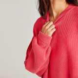 Women Autumn and Winter Loose Knitting Long Sleeve Slit Round Neck Sweater