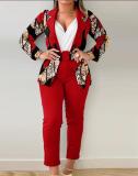 Women Printed Casual Blazer and Pant Two-Piece Set with Belt