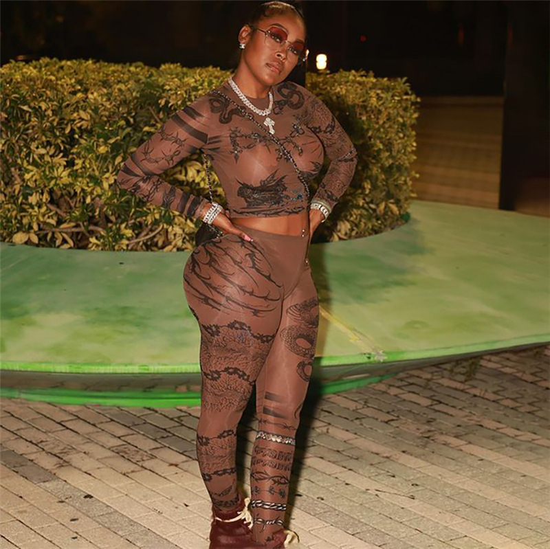 Autumn Women mesh embroidery See-Through Top and trousers two-piece set