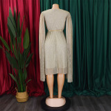 Belted V-Neck Chic Long Sleeve Cape Slim Waist Gown Dress