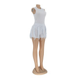 Women'S Solid Fringed Lace Sleeveless Bodysuit Shorts Two-Piece Set