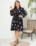 V-Neck Printed Long Sleeve Slim Waist Plus Size Women's Dress
