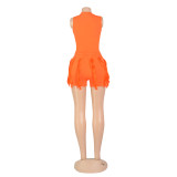 Women'S Solid Fringed Lace Sleeveless Bodysuit Shorts Two-Piece Set