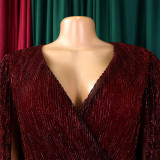 Belted V-Neck Chic Long Sleeve Cape Slim Waist Gown Dress
