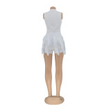 Women'S Solid Fringed Lace Sleeveless Bodysuit Shorts Two-Piece Set
