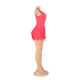 Women'S Solid Fringed Lace Sleeveless Bodysuit Shorts Two-Piece Set