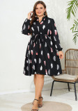 V-Neck Printed Long Sleeve Slim Waist Plus Size Women's Dress