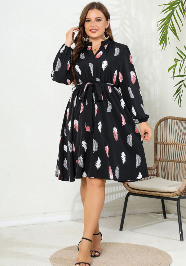 V-Neck Printed Long Sleeve Slim Waist Plus Size Women's Dress
