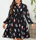 V-Neck Printed Long Sleeve Slim Waist Plus Size Women's Dress