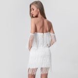 Women's Summer V-Neck Open Back Off Shoulder Tassel Mini Bodycon Dress