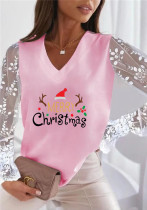 Christmas Women Style Printed Lace Long Sleeve T-Shirt