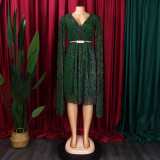 Belted V-Neck Chic Long Sleeve Cape Slim Waist Gown Dress