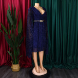Belted V-Neck Chic Long Sleeve Cape Slim Waist Gown Dress