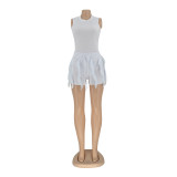 Women'S Solid Fringed Lace Sleeveless Bodysuit Shorts Two-Piece Set