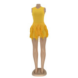 Women'S Solid Fringed Lace Sleeveless Bodysuit Shorts Two-Piece Set