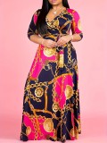 Plus Size Sexy Printed Wrap V-Neck Maxi Dress