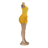 Women'S Solid Fringed Lace Sleeveless Bodysuit Shorts Two-Piece Set