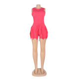 Women'S Solid Fringed Lace Sleeveless Bodysuit Shorts Two-Piece Set