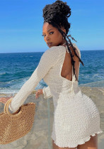 Women's Autumn Bubble Ribbed Solid Color Halter Neck Low Back Long Sleeve Casual Dress Women's Autumn Bubble Ribbed Solid Color Halter Neck Low Back Long Sleeve Casual Dress